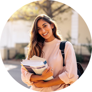 teen girl wearing backpack and holding textbooks